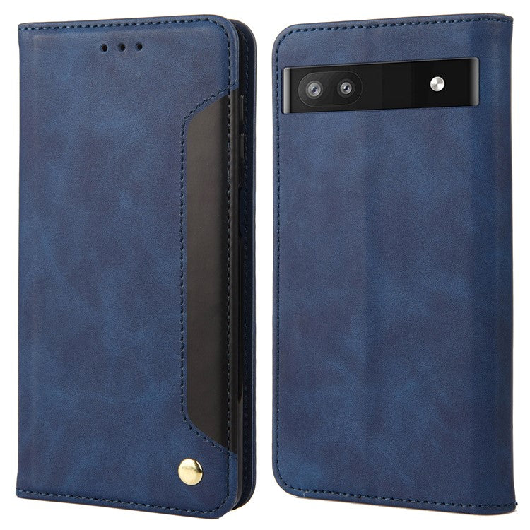 For Google Pixel 6a Wallet Function Anti-fingerprint Shockproof Phone Stand Cover Anti-dust Phone Case Splicing Leather Shell - Blue