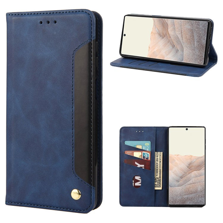 For Google Pixel 6a Wallet Function Anti-fingerprint Shockproof Phone Stand Cover Anti-dust Phone Case Splicing Leather Shell - Blue