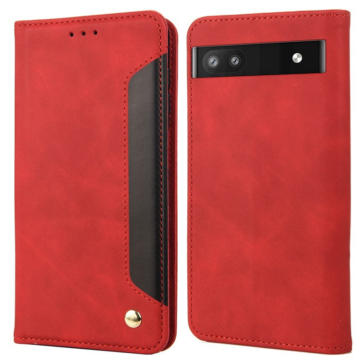 For Google Pixel 6a Wallet Function Anti-fingerprint Shockproof Phone Stand Cover Anti-dust Phone Case Splicing Leather Shell - Red