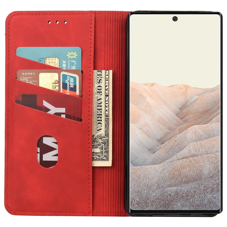 For Google Pixel 6a Wallet Function Anti-fingerprint Shockproof Phone Stand Cover Anti-dust Phone Case Splicing Leather Shell - Red