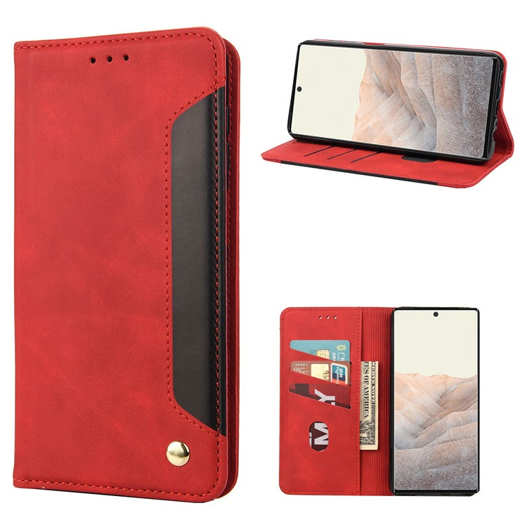 For Google Pixel 6a Wallet Function Anti-fingerprint Shockproof Phone Stand Cover Anti-dust Phone Case Splicing Leather Shell - Red