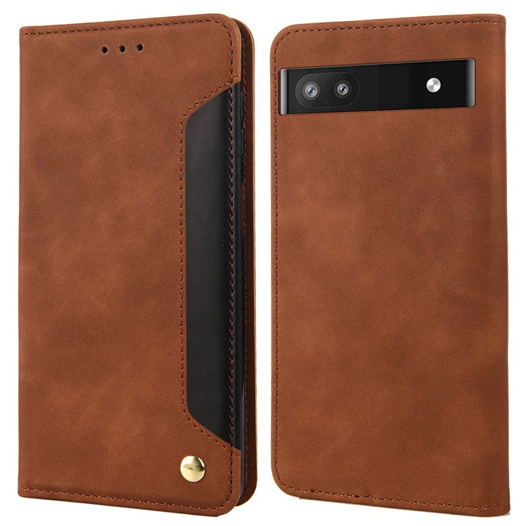 For Google Pixel 6a Wallet Function Anti-fingerprint Shockproof Phone Stand Cover Anti-dust Phone Case Splicing Leather Shell - Brown