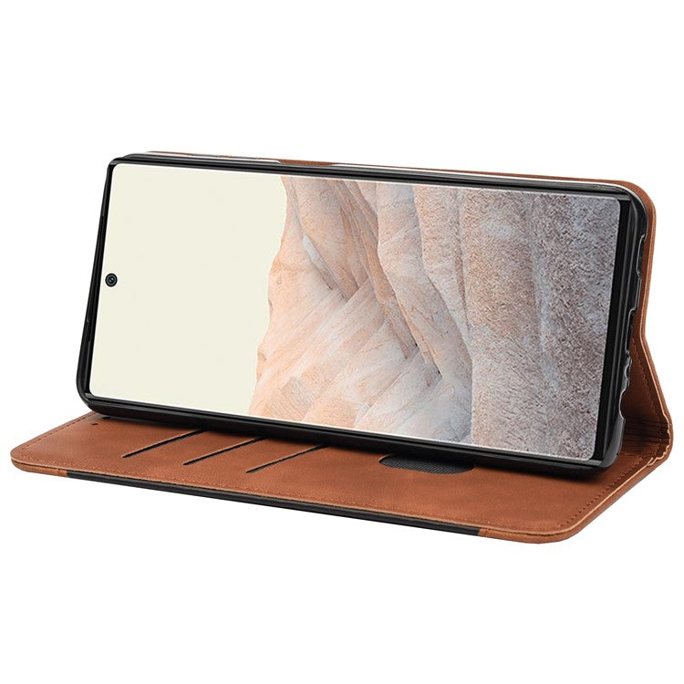 For Google Pixel 6a Wallet Function Anti-fingerprint Shockproof Phone Stand Cover Anti-dust Phone Case Splicing Leather Shell - Brown