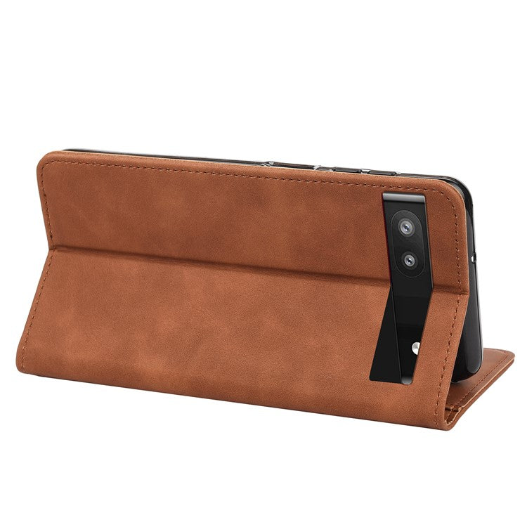 For Google Pixel 6a Wallet Function Anti-fingerprint Shockproof Phone Stand Cover Anti-dust Phone Case Splicing Leather Shell - Brown