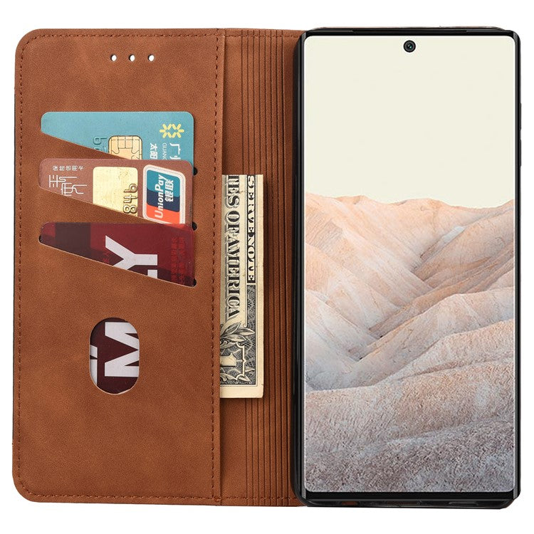 For Google Pixel 6a Wallet Function Anti-fingerprint Shockproof Phone Stand Cover Anti-dust Phone Case Splicing Leather Shell - Brown