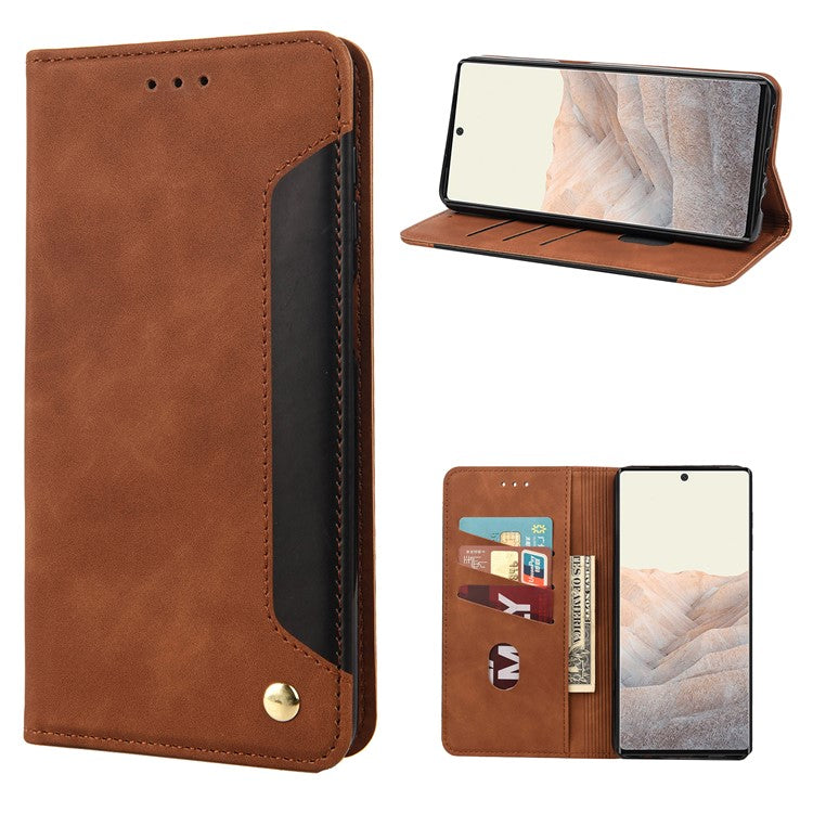 For Google Pixel 6a Wallet Function Anti-fingerprint Shockproof Phone Stand Cover Anti-dust Phone Case Splicing Leather Shell - Brown