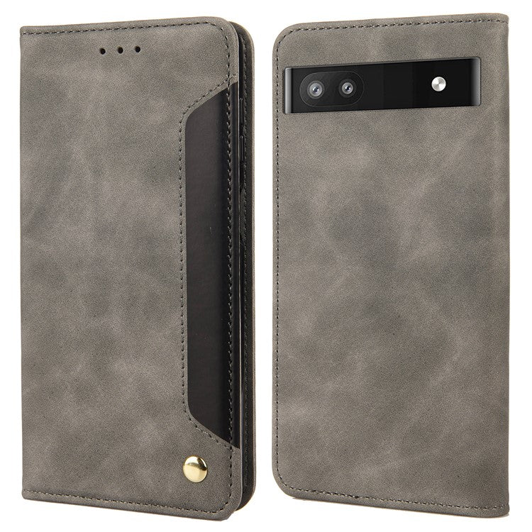 For Google Pixel 6a Wallet Function Anti-fingerprint Shockproof Phone Stand Cover Anti-dust Phone Case Splicing Leather Shell - Grey