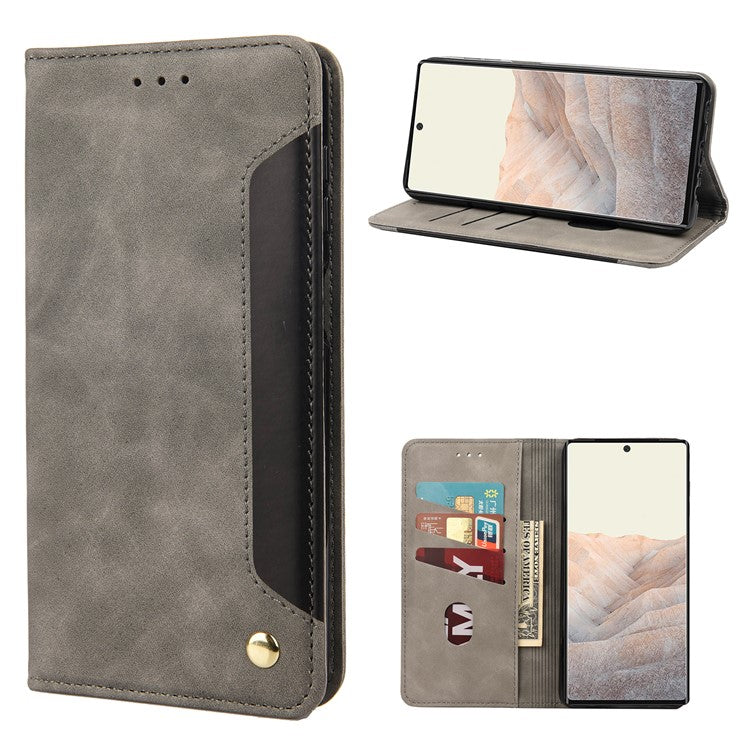 For Google Pixel 6a Wallet Function Anti-fingerprint Shockproof Phone Stand Cover Anti-dust Phone Case Splicing Leather Shell - Grey