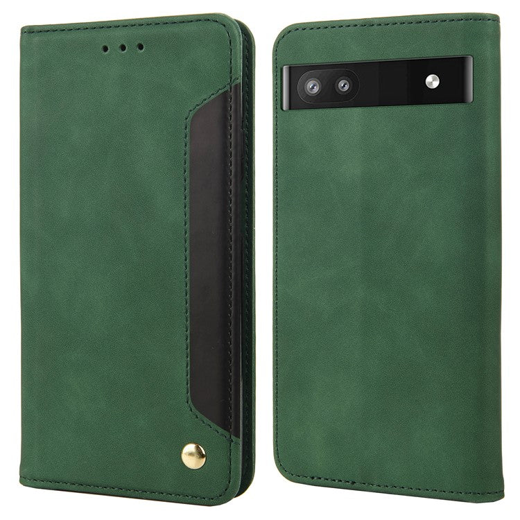 For Google Pixel 6a Wallet Function Anti-fingerprint Shockproof Phone Stand Cover Anti-dust Phone Case Splicing Leather Shell - Green