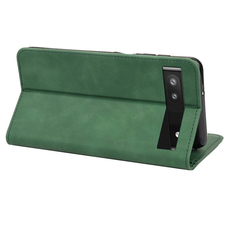 For Google Pixel 6a Wallet Function Anti-fingerprint Shockproof Phone Stand Cover Anti-dust Phone Case Splicing Leather Shell - Green