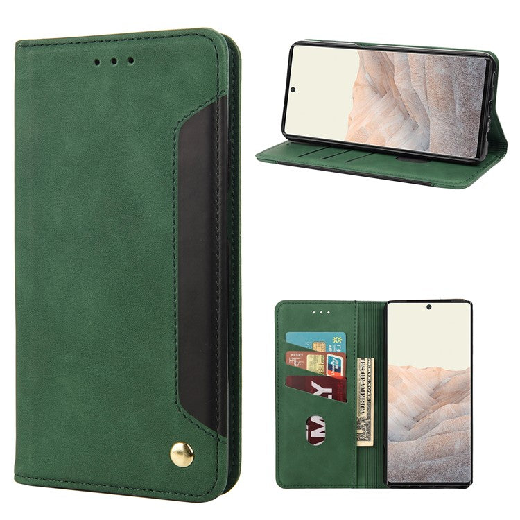 For Google Pixel 6a Wallet Function Anti-fingerprint Shockproof Phone Stand Cover Anti-dust Phone Case Splicing Leather Shell - Green