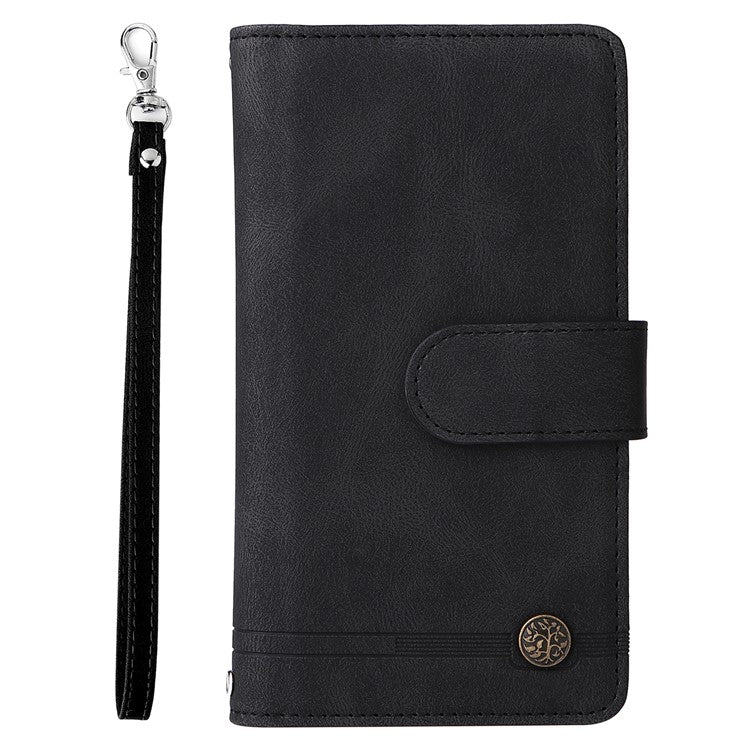 Skin-touch PU Leather Wallet Stand Flip Stripes Imprinted Case Zipper Pocket Card Holder Slots Cover with Strap for Google Pixel 6 - Black