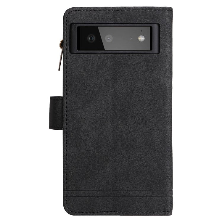 Skin-touch PU Leather Wallet Stand Flip Stripes Imprinted Case Zipper Pocket Card Holder Slots Cover with Strap for Google Pixel 6 - Black