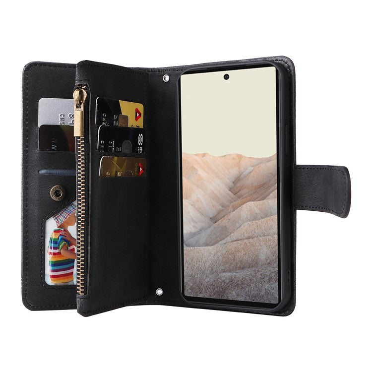 Skin-touch PU Leather Wallet Stand Flip Stripes Imprinted Case Zipper Pocket Card Holder Slots Cover with Strap for Google Pixel 6 - Black