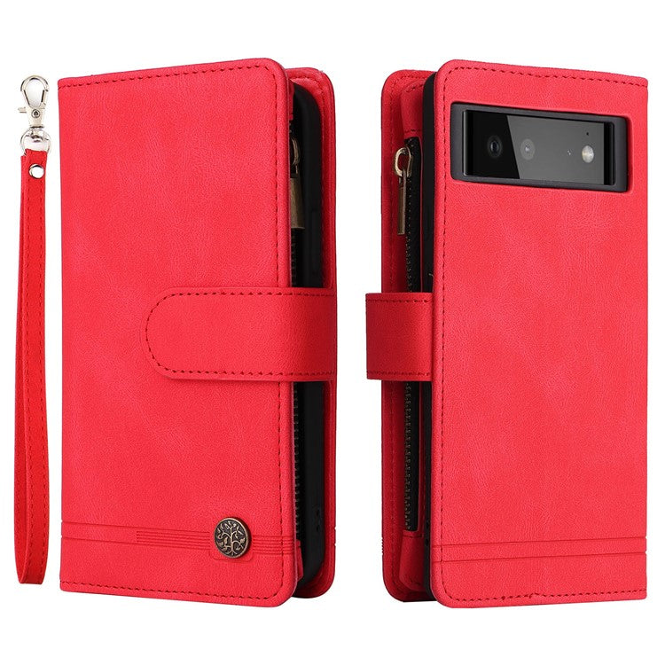 Skin-touch PU Leather Wallet Stand Flip Stripes Imprinted Case Zipper Pocket Card Holder Slots Cover with Strap for Google Pixel 6 - Red