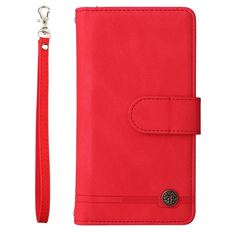 Skin-touch PU Leather Wallet Stand Flip Stripes Imprinted Case Zipper Pocket Card Holder Slots Cover with Strap for Google Pixel 6 - Red