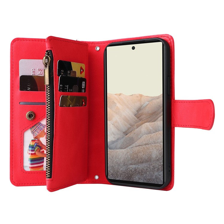 Skin-touch PU Leather Wallet Stand Flip Stripes Imprinted Case Zipper Pocket Card Holder Slots Cover with Strap for Google Pixel 6 - Red