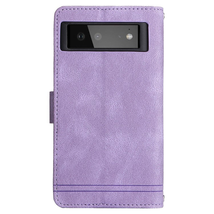 Skin-touch PU Leather Wallet Stand Flip Stripes Imprinted Case Zipper Pocket Card Holder Slots Cover with Strap for Google Pixel 6 - Purple