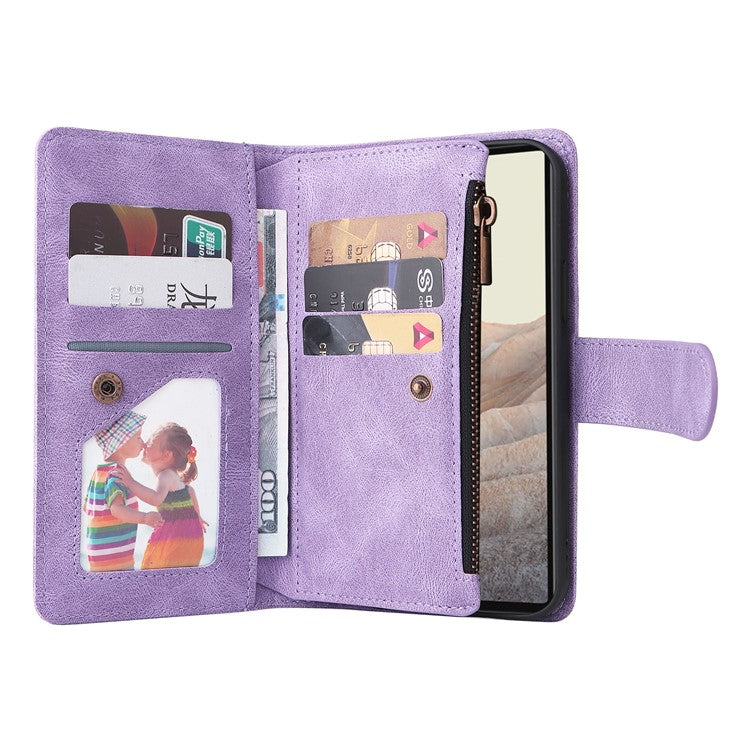 Skin-touch PU Leather Wallet Stand Flip Stripes Imprinted Case Zipper Pocket Card Holder Slots Cover with Strap for Google Pixel 6 - Purple