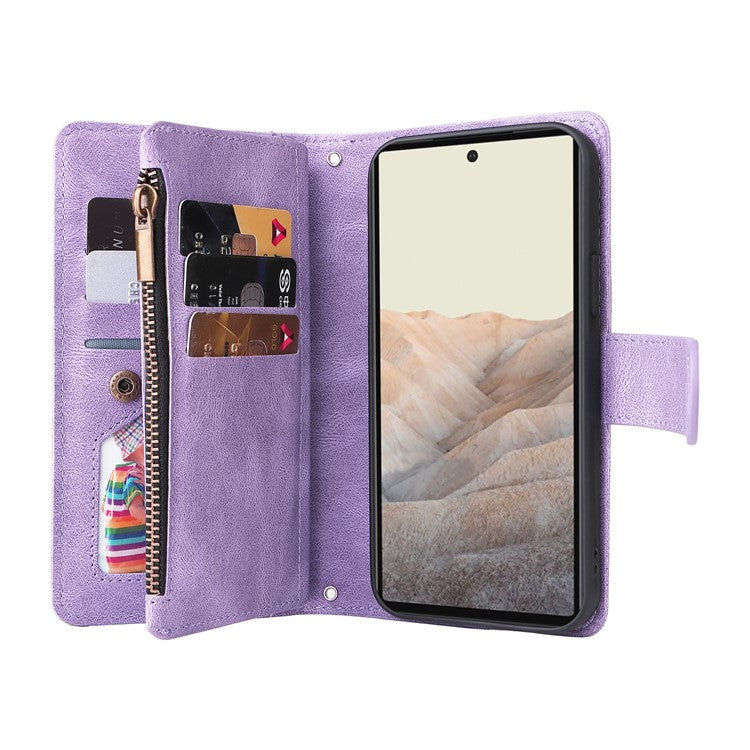 Skin-touch PU Leather Wallet Stand Flip Stripes Imprinted Case Zipper Pocket Card Holder Slots Cover with Strap for Google Pixel 6 - Purple