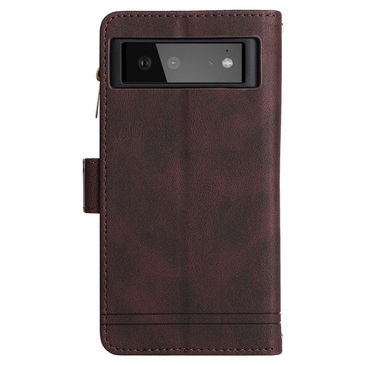 Skin-touch PU Leather Wallet Stand Flip Stripes Imprinted Case Zipper Pocket Card Holder Slots Cover with Strap for Google Pixel 6 - Brown