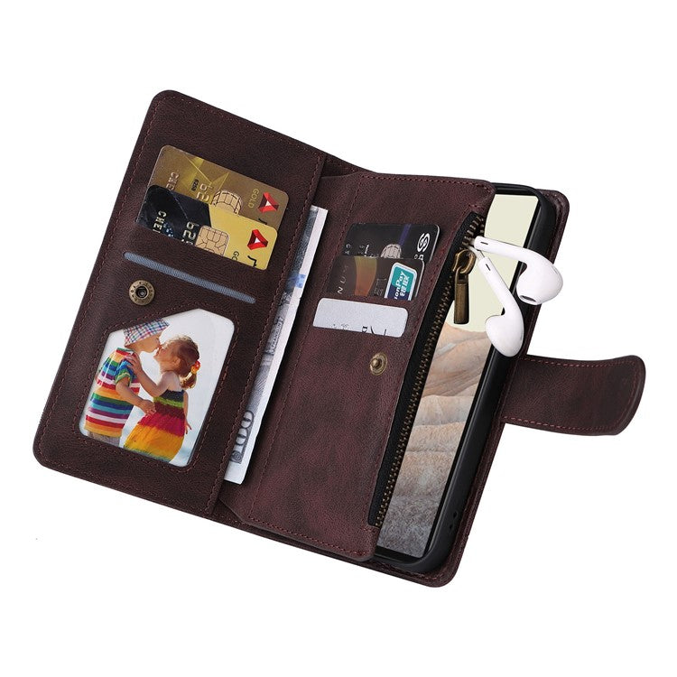 Skin-touch PU Leather Wallet Stand Flip Stripes Imprinted Case Zipper Pocket Card Holder Slots Cover with Strap for Google Pixel 6 - Brown