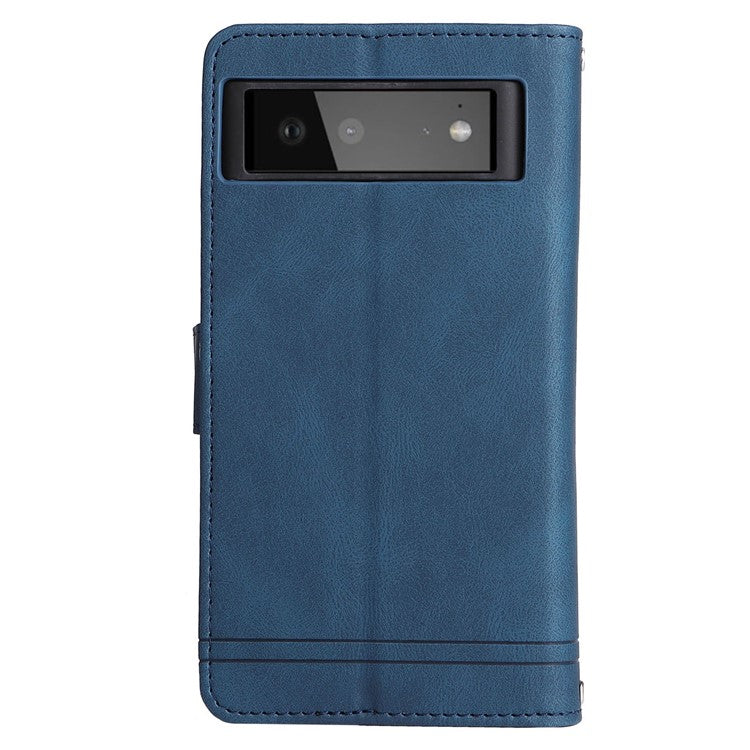 Skin-touch PU Leather Wallet Stand Flip Stripes Imprinted Case Zipper Pocket Card Holder Slots Cover with Strap for Google Pixel 6 - Blue