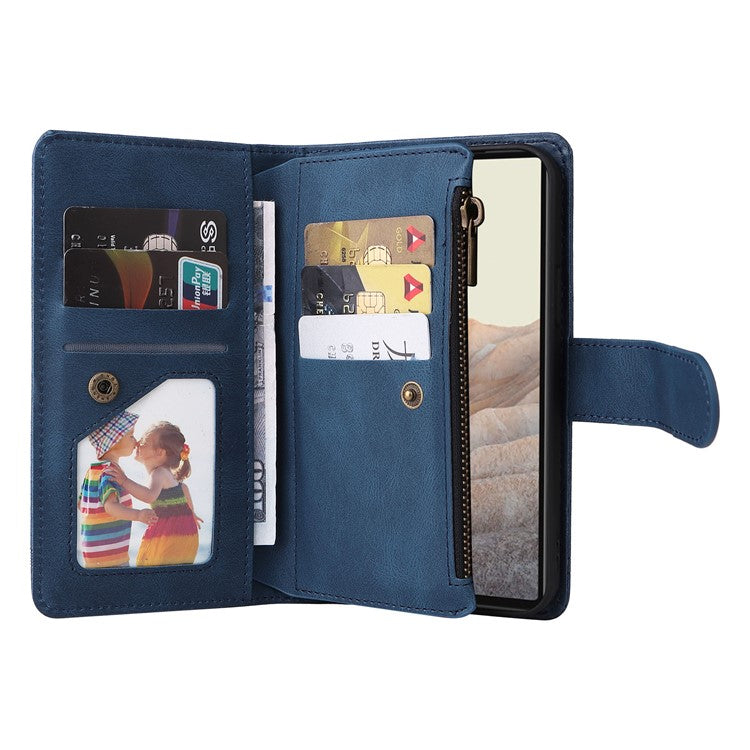 Skin-touch PU Leather Wallet Stand Flip Stripes Imprinted Case Zipper Pocket Card Holder Slots Cover with Strap for Google Pixel 6 - Blue