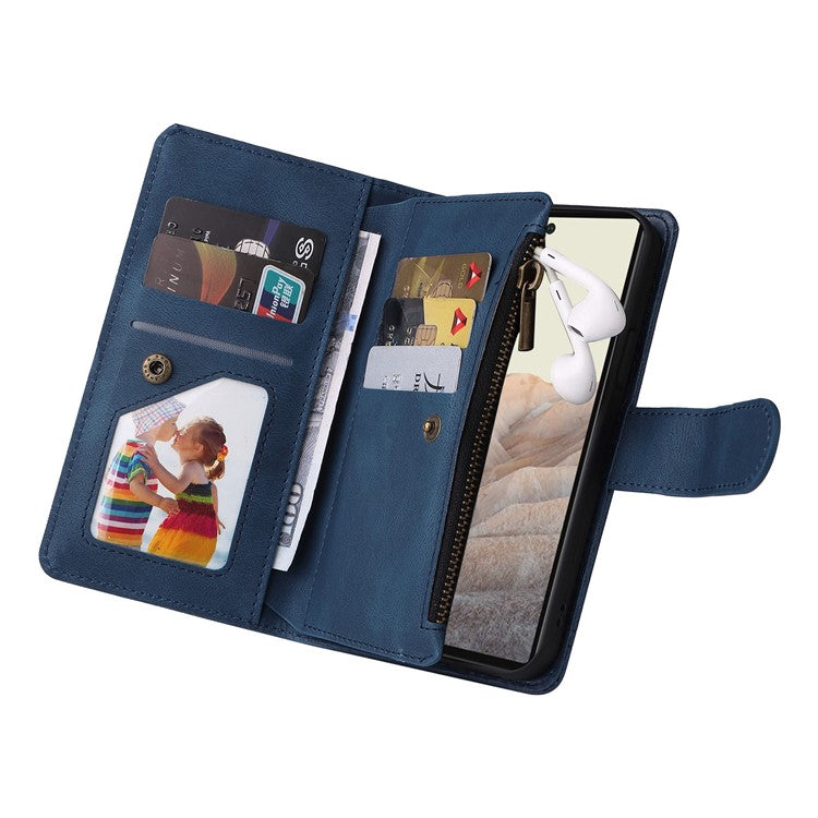 Skin-touch PU Leather Wallet Stand Flip Stripes Imprinted Case Zipper Pocket Card Holder Slots Cover with Strap for Google Pixel 6 - Blue