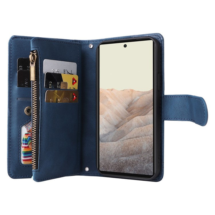 Skin-touch PU Leather Wallet Stand Flip Stripes Imprinted Case Zipper Pocket Card Holder Slots Cover with Strap for Google Pixel 6 - Blue