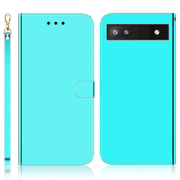 Wrist Strap Drop-proof Mirror-like Surface PU Leather + TPU Stand Phone Case with Wallet for Google Pixel 6a - Cyan