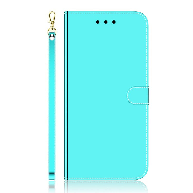 Wrist Strap Drop-proof Mirror-like Surface PU Leather + TPU Stand Phone Case with Wallet for Google Pixel 6a - Cyan