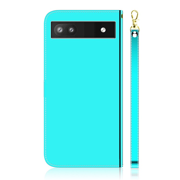 Wrist Strap Drop-proof Mirror-like Surface PU Leather + TPU Stand Phone Case with Wallet for Google Pixel 6a - Cyan