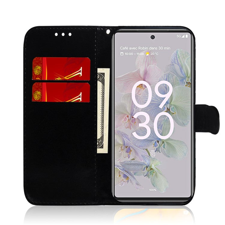 Wrist Strap Drop-proof Mirror-like Surface PU Leather + TPU Stand Phone Case with Wallet for Google Pixel 6a - Cyan