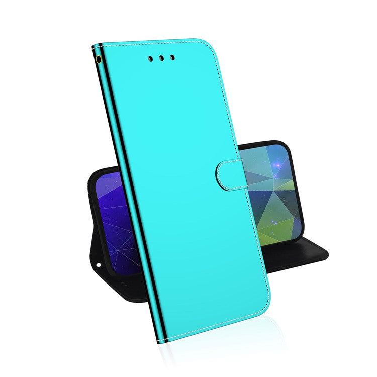 Wrist Strap Drop-proof Mirror-like Surface PU Leather + TPU Stand Phone Case with Wallet for Google Pixel 6a - Cyan