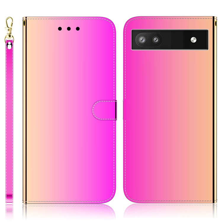 Wrist Strap Drop-proof Mirror-like Surface PU Leather + TPU Stand Phone Case with Wallet for Google Pixel 6a - Rose