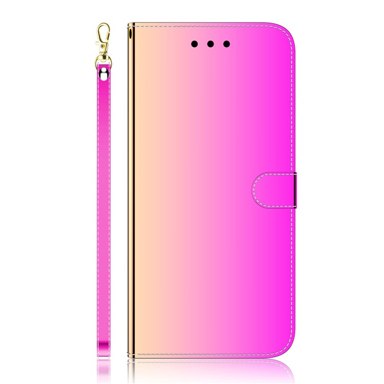 Wrist Strap Drop-proof Mirror-like Surface PU Leather + TPU Stand Phone Case with Wallet for Google Pixel 6a - Rose