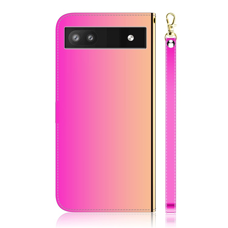 Wrist Strap Drop-proof Mirror-like Surface PU Leather + TPU Stand Phone Case with Wallet for Google Pixel 6a - Rose