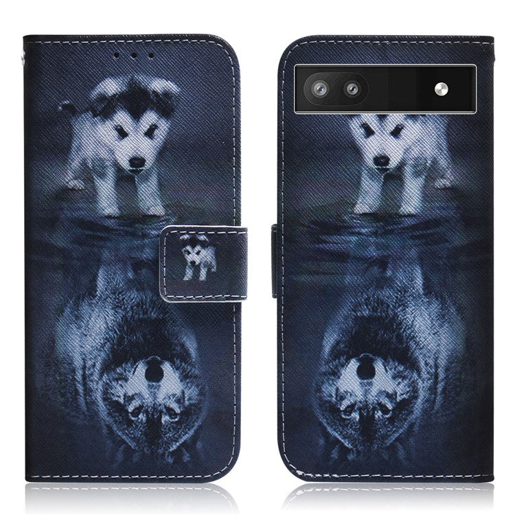 PU Leather + TPU Double Protection Fashionable Pattern Printing Wallet Stand Phone Case for Google Pixel 6a - Dog and Wolf