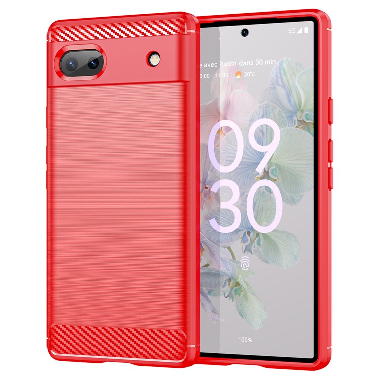 For Google Pixel 6a Shockproof TPU Case 1.8mm Brushed Surface Carbon Fiber Texture Phone Protector - Red