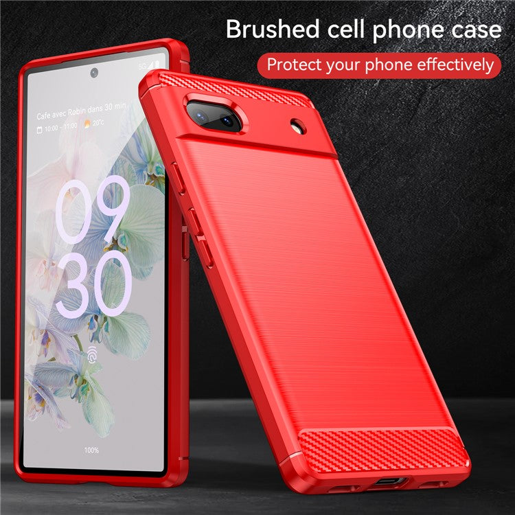 For Google Pixel 6a Shockproof TPU Case 1.8mm Brushed Surface Carbon Fiber Texture Phone Protector - Red