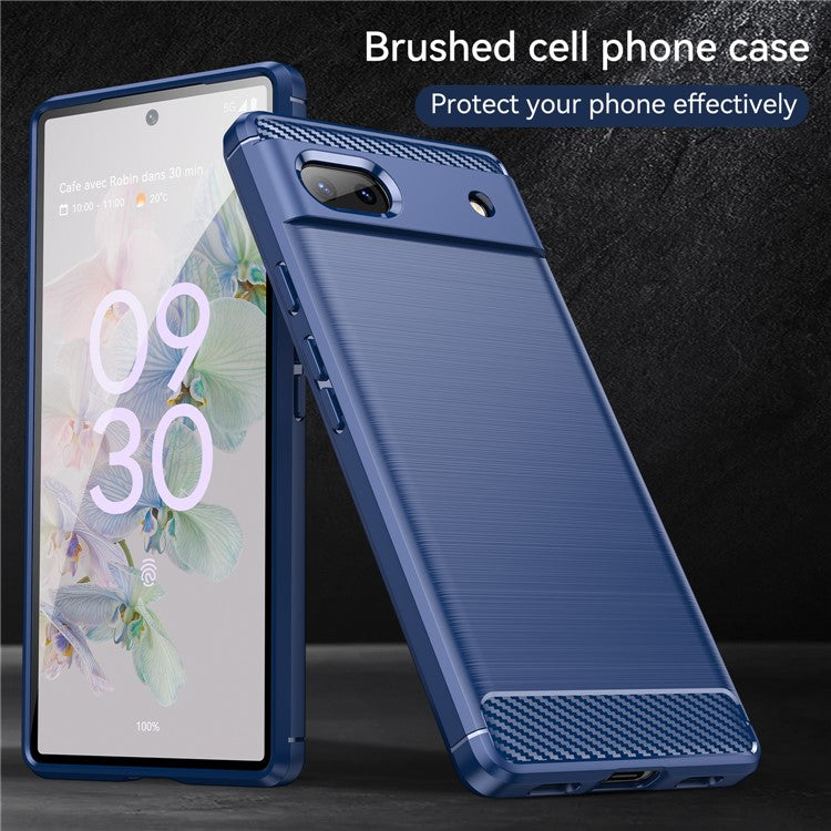 For Google Pixel 6a Shockproof TPU Case 1.8mm Brushed Surface Carbon Fiber Texture Phone Protector - Blue