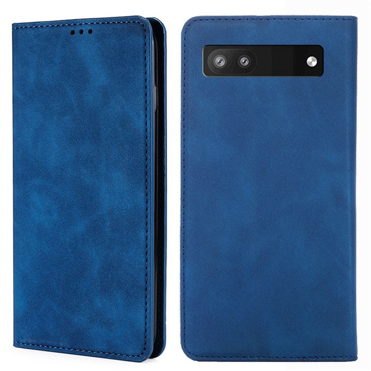 Skin-touch Feeling Shockproof Mobile Phone Cover PU Leather Stand Phone Case Flip Card Holder Protective Shell for Google Pixel 6a - Blue