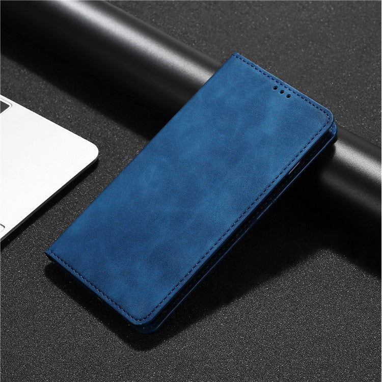 Skin-touch Feeling Shockproof Mobile Phone Cover PU Leather Stand Phone Case Flip Card Holder Protective Shell for Google Pixel 6a - Blue