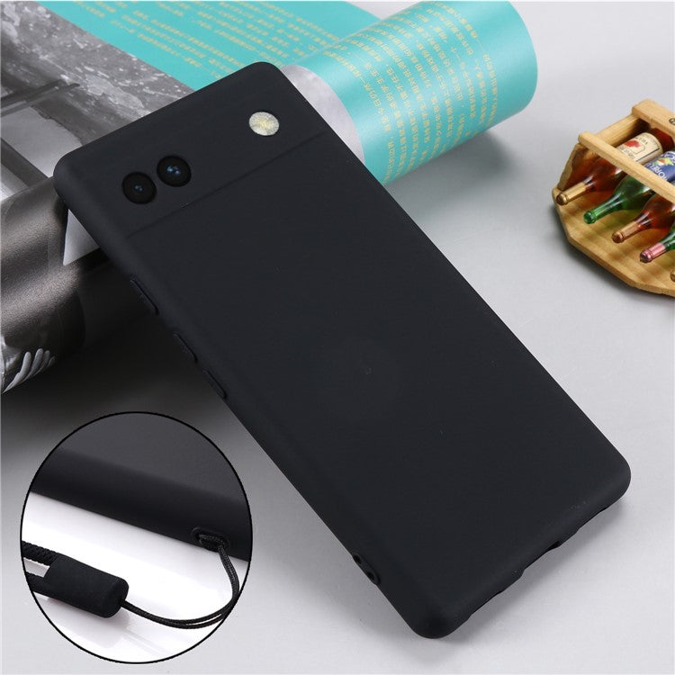 Soft Touch Liquid Silicone Microfiber Lining Anti-Shock Flexible Phone Case with Strap for Google Pixel 6a - Black