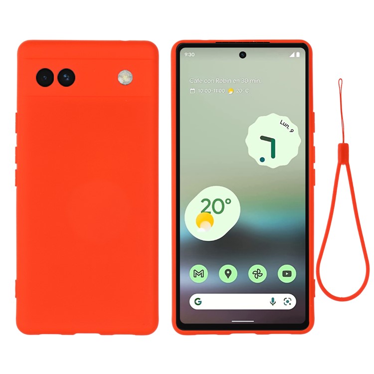 Soft Touch Liquid Silicone Microfiber Lining Anti-Shock Flexible Phone Case with Strap for Google Pixel 6a - Red