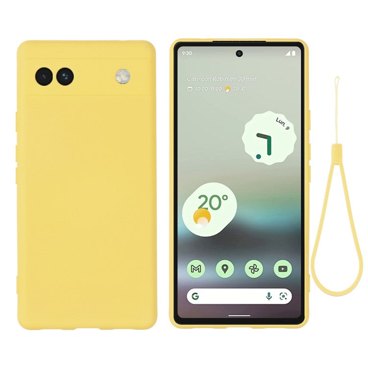 Soft Touch Liquid Silicone Microfiber Lining Anti-Shock Flexible Phone Case with Strap for Google Pixel 6a - Yellow