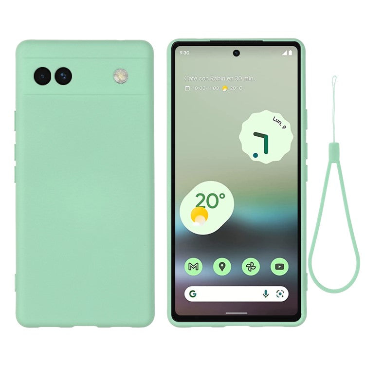 Soft Touch Liquid Silicone Microfiber Lining Anti-Shock Flexible Phone Case with Strap for Google Pixel 6a - Green