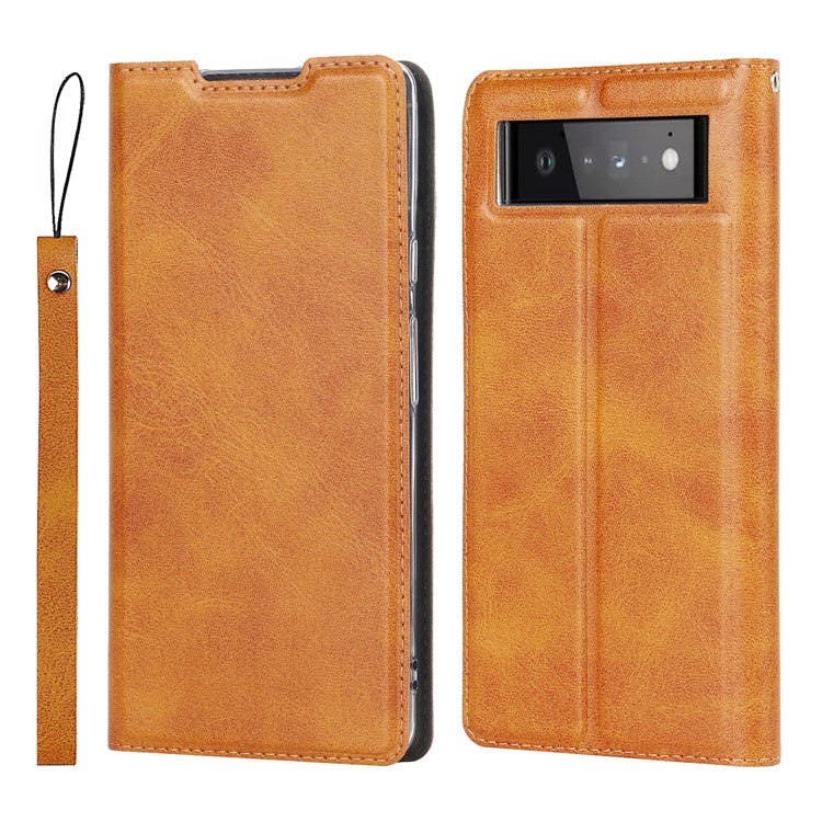 For Google Pixel 6 Pro Textured PU Leather Card Holder Case Stand Magnetic Auto-absorbed Protective Cover with Strap - Light Brown