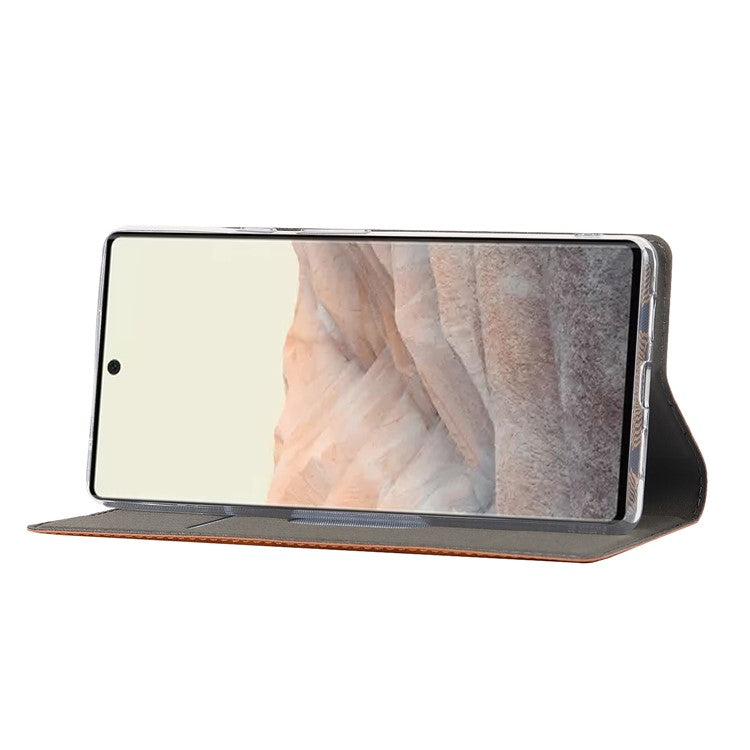 For Google Pixel 6 Pro Textured PU Leather Card Holder Case Stand Magnetic Auto-absorbed Protective Cover with Strap - Light Brown